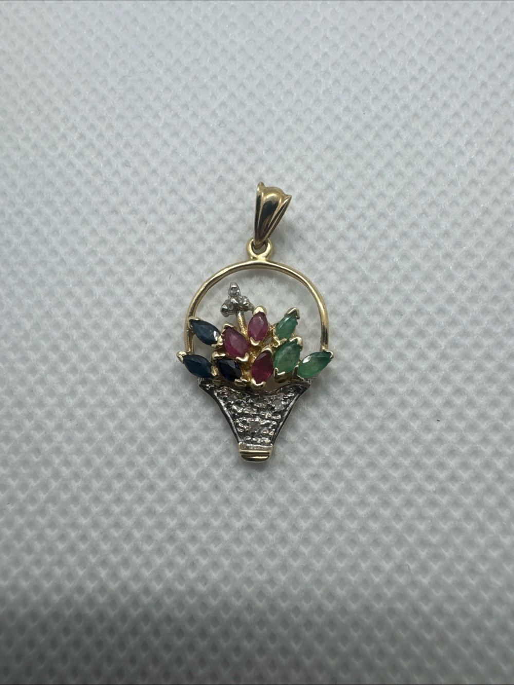 Yellow Gold Vtg 14K Sapphire Diamond Ruby Emerald Flower Bouquet Basket Pendant